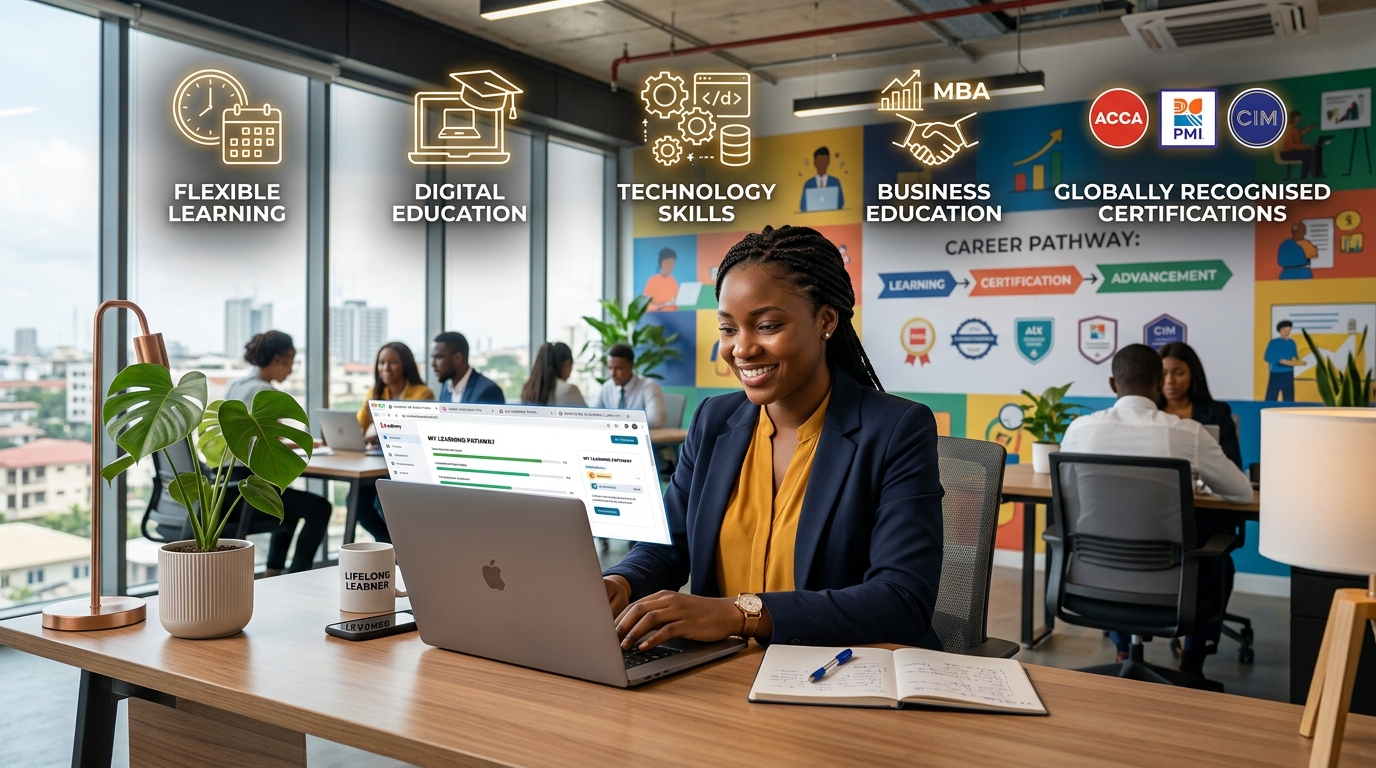 A young Nigerian professional studying online using a laptop in a modern workspace while viewing multiple accredited learning platforms, university dashboards, professional certification programmes, online degree pathways, and career progression graphics. Include icons representing flexible learning, digital education, technology skills, business education, and globally recognised certifications. Bright, modern environment focused on lifelong learning and career advancement.