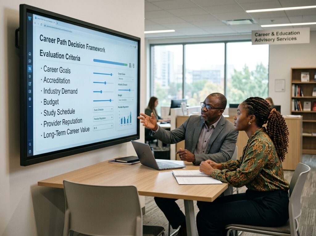 A Nigerian learner consulting with an education advisor while reviewing an interactive decision framework on a large digital screen. Include evaluation criteria: Career Goals Accreditation Industry Demand Budget Study Schedule Provider Reputation Long-Term Career Value Professional career planning environment with modern educational technology.