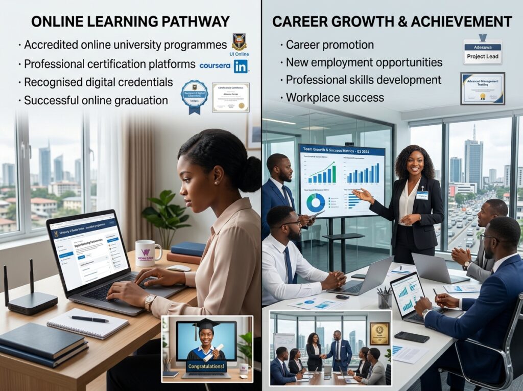 Modern split-screen visual. Left side: Accredited online university programmes Professional certification platforms Recognised digital credentials Successful online graduation Right side: Career promotion New employment opportunities Professional skills development Workplace success Show clear progression from online learning to career growth in a realistic Nigerian professional setting.