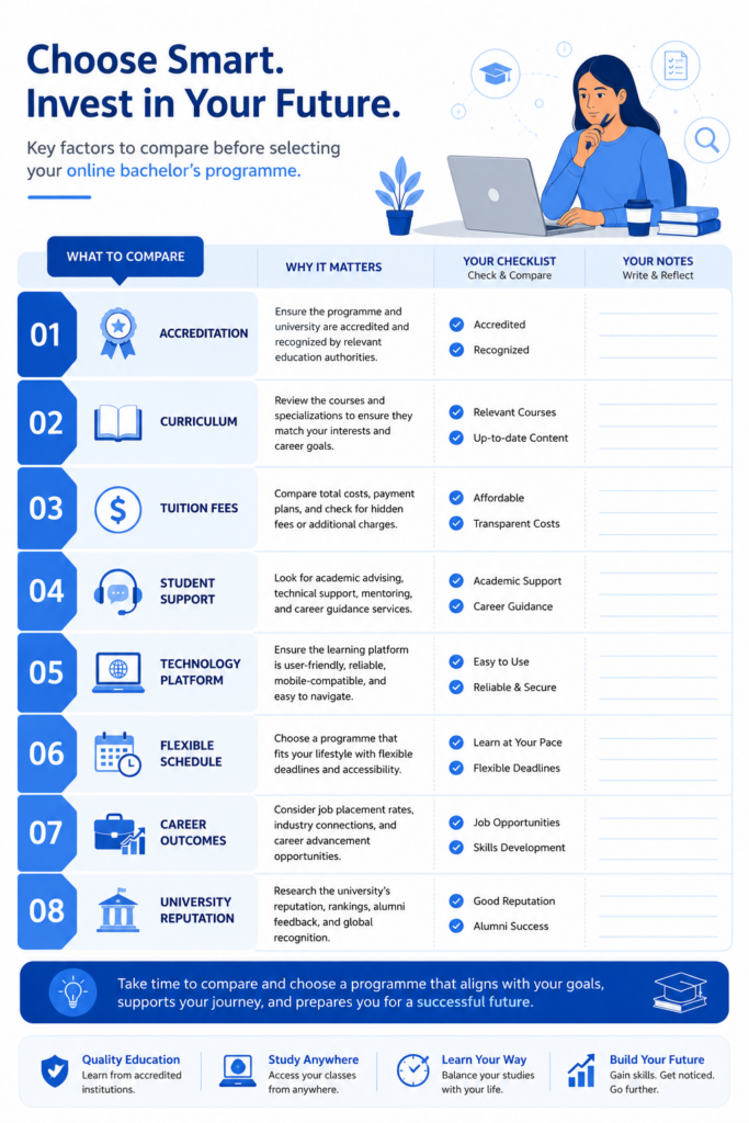 Design an infographic-style illustration showing the key factors students should compare before selecting an online bachelor's programme. Include Accreditation, Curriculum, Tuition Fees, Student Support, Technology Platform, Flexible Schedule, Career Outcomes, and University Reputation. Use a checklist or comparison layout for easy understanding.