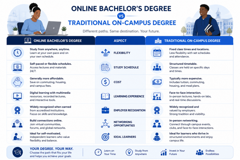 Create a side-by-side comparison between an online bachelor's degree and a traditional on-campus degree. Compare flexibility, study schedule, cost, learning experience, employer recognition, networking opportunities, and ideal learners. Use clean icons and a modern educational design to make the comparison visually engaging.