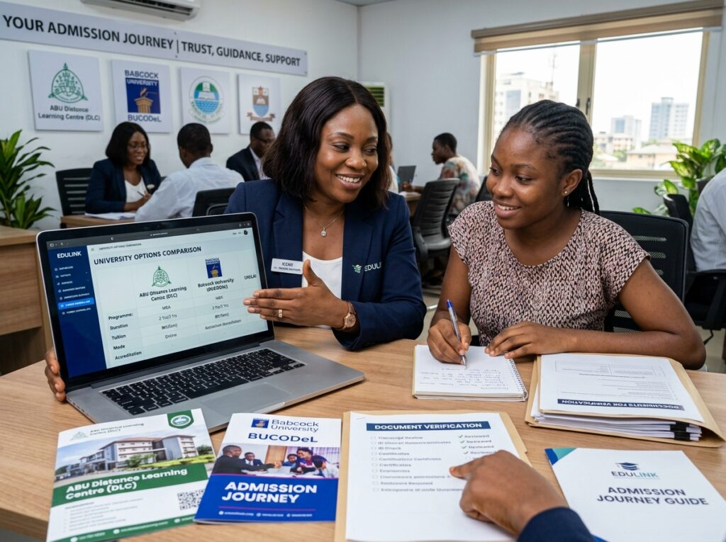 Show an EduTech Business education advisor guiding a prospective student through university options. Display programme comparisons, admissions guidance, document verification, career counselling, and partner universities such as ABU Distance Learning Centre and Babcock University BUCODeL. The image should convey trust, expert guidance, and personalized support throughout the admission journey.