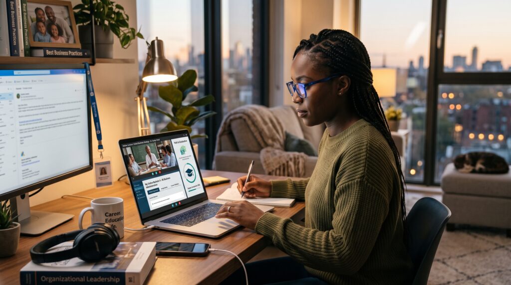 Show a working professional studying for an online bachelor's degree while balancing work and personal life. Display the learner using a laptop with a virtual classroom, online lectures, digital course materials, and graduation elements visible on screen. The background should subtly represent career growth, flexible learning, and a modern university environment, emphasizing that higher education can fit around a full-time job.