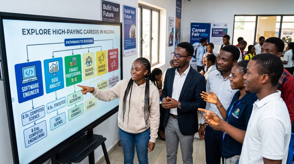 Show young Nigerian students and professionals exploring high-paying career options on a digital career-planning screen. Feature careers such as Software Engineer, Data Analyst, Finance Professional, Business Manager, Engineer, and Marketing Manager, with each career visually connected to a relevant university degree. The main idea should be clear: choosing the right education pathway can help students work toward their target career.