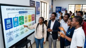 Show young Nigerian students and professionals exploring high-paying career options on a digital career-planning screen. Feature careers such as Software Engineer, Data Analyst, Finance Professional, Business Manager, Engineer, and Marketing Manager, with each career visually connected to a relevant university degree. The main idea should be clear: choosing the right education pathway can help students work toward their target career.
