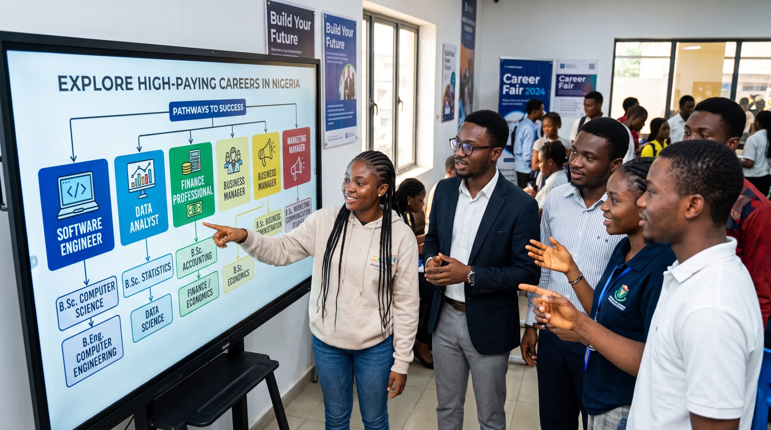 Show young Nigerian students and professionals exploring high-paying career options on a digital career-planning screen. Feature careers such as Software Engineer, Data Analyst, Finance Professional, Business Manager, Engineer, and Marketing Manager, with each career visually connected to a relevant university degree. The main idea should be clear: choosing the right education pathway can help students work toward their target career.