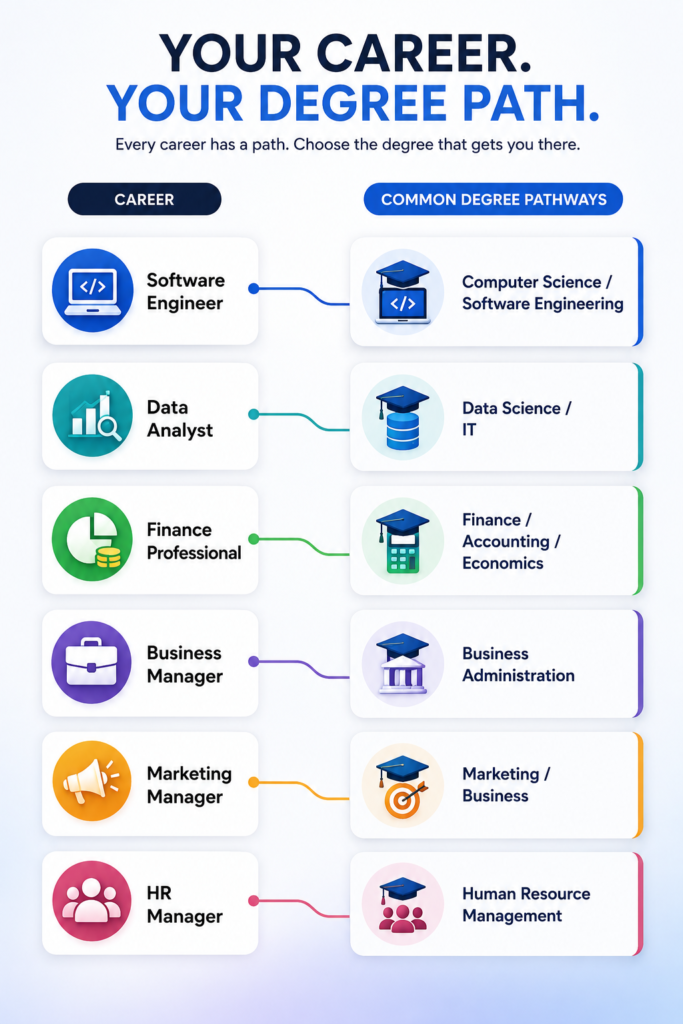 Create an infographic connecting careers with their common degree pathways: Software Engineer → Computer Science / Software Engineering Data Analyst → Data Science / IT Finance Professional → Finance / Accounting / Economics Business Manager → Business Administration Marketing Manager → Marketing / Business HR Manager → Human Resource Management Keep it visually simple with career icons and degree cards.