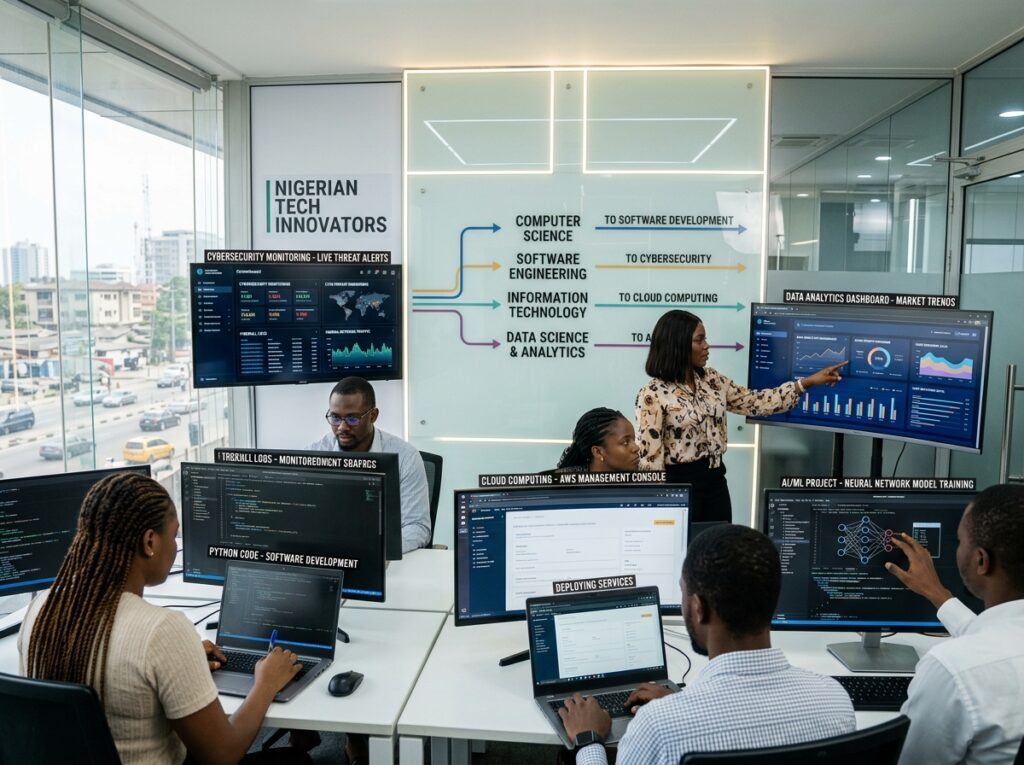 Show Nigerian technology professionals working across software development, cybersecurity, data analytics, cloud computing, and AI. Include digital screens with coding, cybersecurity monitoring, data dashboards, and cloud systems. Connect these careers visually with Computer Science, IT, Software Engineering, and Data-related degrees.