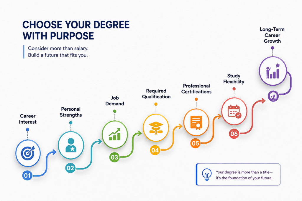 Create a decision-path infographic showing the factors a student should consider before choosing a degree: Career Interest → Personal Strengths → Job Demand → Required Qualification → Professional Certifications → Study Flexibility → Long-Term Career Growth. The image should communicate that students should consider more than salary when selecting a programme.