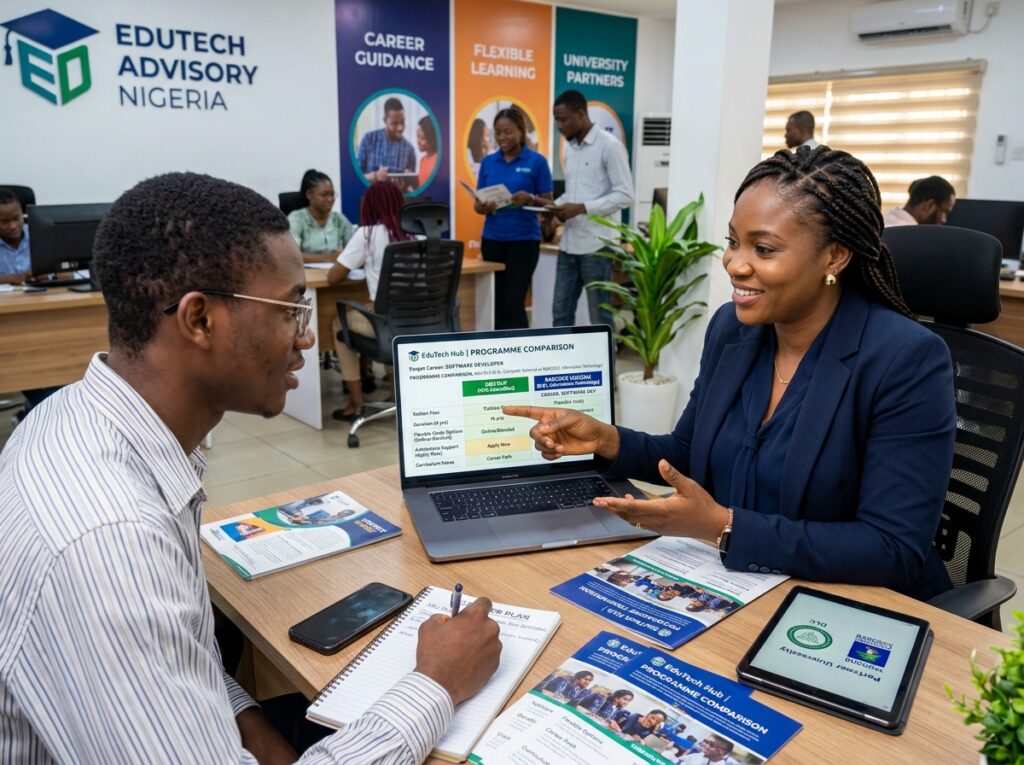 Show an EduTech Business advisor helping a Nigerian student compare university programmes based on their target career. Include programme comparison, career guidance, flexible study options, admissions support, and partner universities such as ABU DLC and Babcock BUCODeL where relevant.