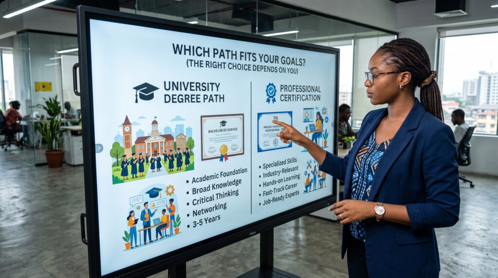 Show a Nigerian professional comparing two career pathways on a digital screen. One side represents a university degree with a graduation cap, university campus, and academic certificate. The other represents professional certification with an industry certificate, skills training, and career-focused learning. The visual should communicate that the right choice depends on the person's career goals.