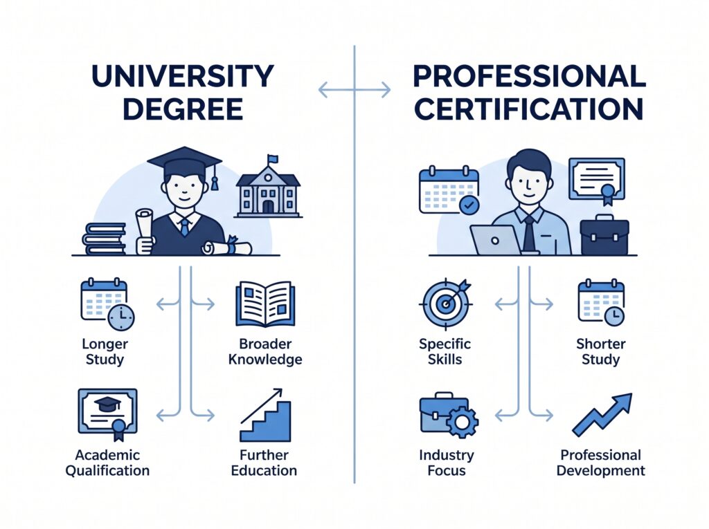 Create a simple side-by-side infographic comparing: University Degree → Longer Study, Broader Knowledge, Academic Qualification, Further Education Professional Certification → Shorter Study, Specific Skills, Industry Focus, Professional Development Keep the comparison neutral. Do not make one option look universally better.