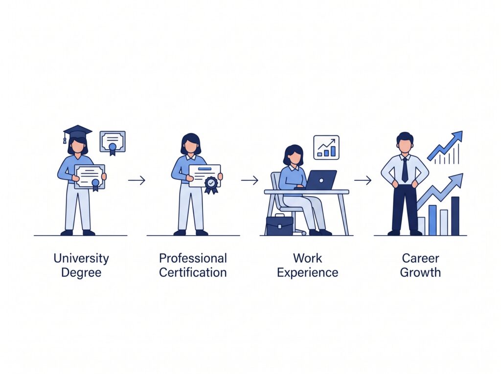 Show a career progression visual: University Degree → Professional Certification → Work Experience → Career Growth Use a professional progressing through different stages to show how formal education, specialized skills, and experience can complement each other.