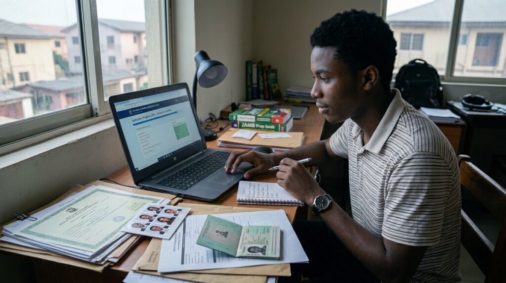 Show a Nigerian student preparing a university application on a laptop with a checklist beside them. Include academic certificates, identification document, passport photograph, transcripts, application form, payment confirmation, and supporting documents. The image should communicate preparation before submitting a university application.