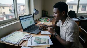 Show a Nigerian student preparing a university application on a laptop with a checklist beside them. Include academic certificates, identification document, passport photograph, transcripts, application form, payment confirmation, and supporting documents. The image should communicate preparation before submitting a university application.