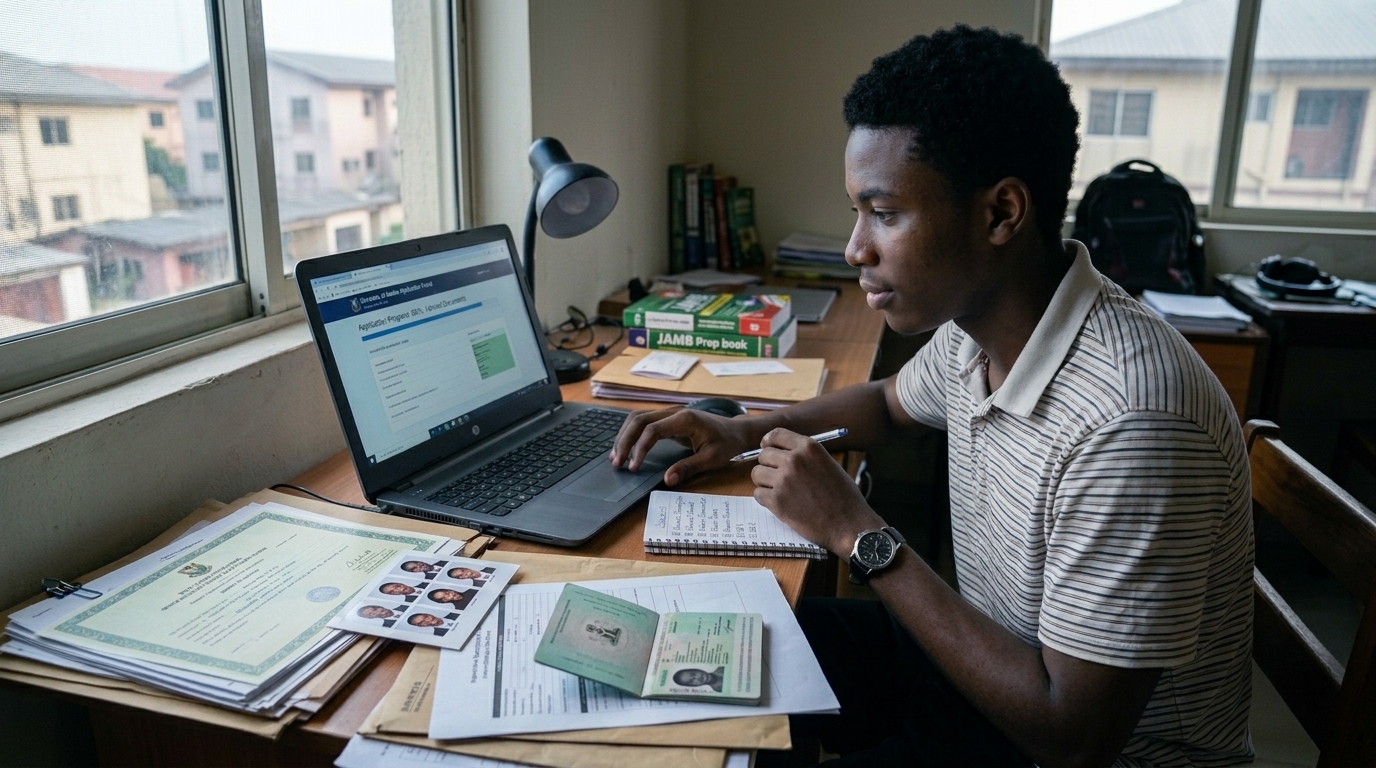 Show a Nigerian student preparing a university application on a laptop with a checklist beside them. Include academic certificates, identification document, passport photograph, transcripts, application form, payment confirmation, and supporting documents. The image should communicate preparation before submitting a university application.
