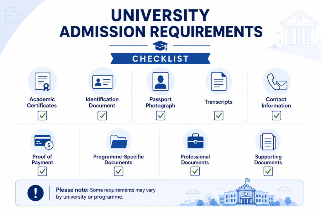 Create a clean checklist infographic showing: Academic Certificates Identification Document Passport Photograph Transcripts Contact Information Proof of Payment Programme-Specific Documents Professional Documents Supporting Documents Clearly indicate that some requirements may vary by university or programme.