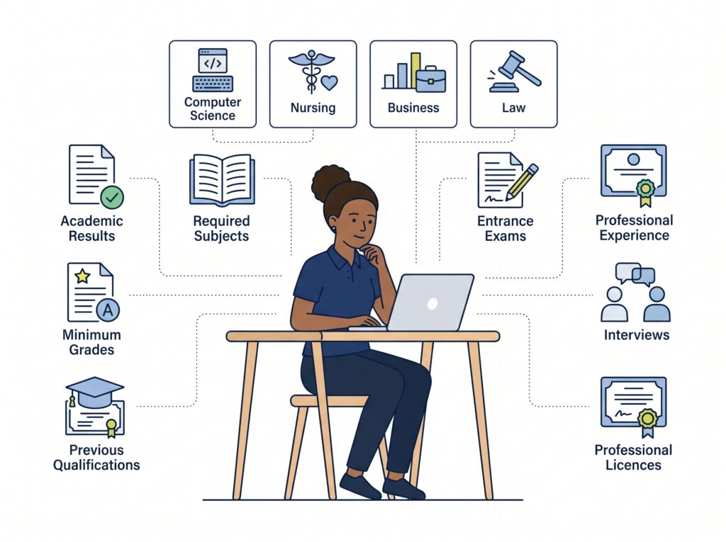 Show a student reviewing programme eligibility requirements. Include academic results, required subjects, minimum grades, previous qualifications, diploma/HND/NCE, professional experience, entrance exams, interviews, and professional licences. The visual should show that requirements depend on the programme.