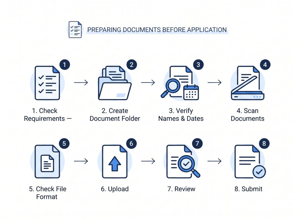Create a simple workflow: Check Requirements → Create Document Folder → Verify Names & Dates → Scan Documents → Check File Format → Upload → Review → Submit Use document and checklist icons to make the process easy to follow.