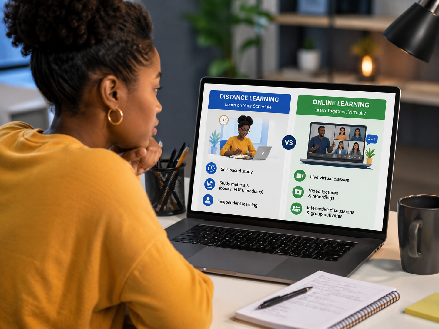 Show a student comparing two flexible study options on a laptop. One side represents Distance Learning with self-paced study materials and independent learning, while the other represents Online Learning with live virtual classes, video lectures, and interactive discussions. The image should help readers instantly understand the difference between the two learning formats.
