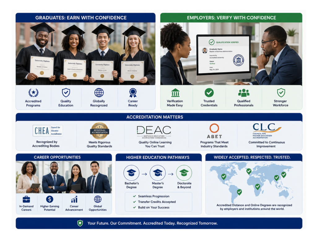 Show graduates holding accredited degrees while employers verify qualifications through recognized universities. Include accreditation symbols, university certificates, career opportunities, and higher education pathways to reinforce that accredited distance and online degrees are widely accepted.