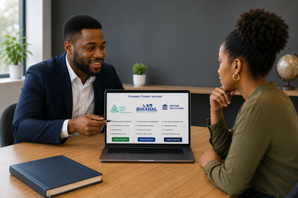 Show an EduTech Business advisor helping a prospective student compare flexible learning options from ABU Distance Learning Centre, Babcock University BUCODeL, and other partner institutions. Display programme comparisons, admissions guidance, career counselling, and personalized education planning.