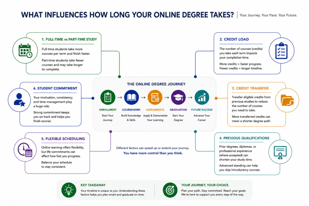 Illustrate the key factors influencing how long an online degree takes. Include Full-Time vs Part-Time Study, Credit Load, Credit Transfer, Previous Qualifications, Flexible Scheduling, and Student Commitment. Present these factors around a central student journey timeline.