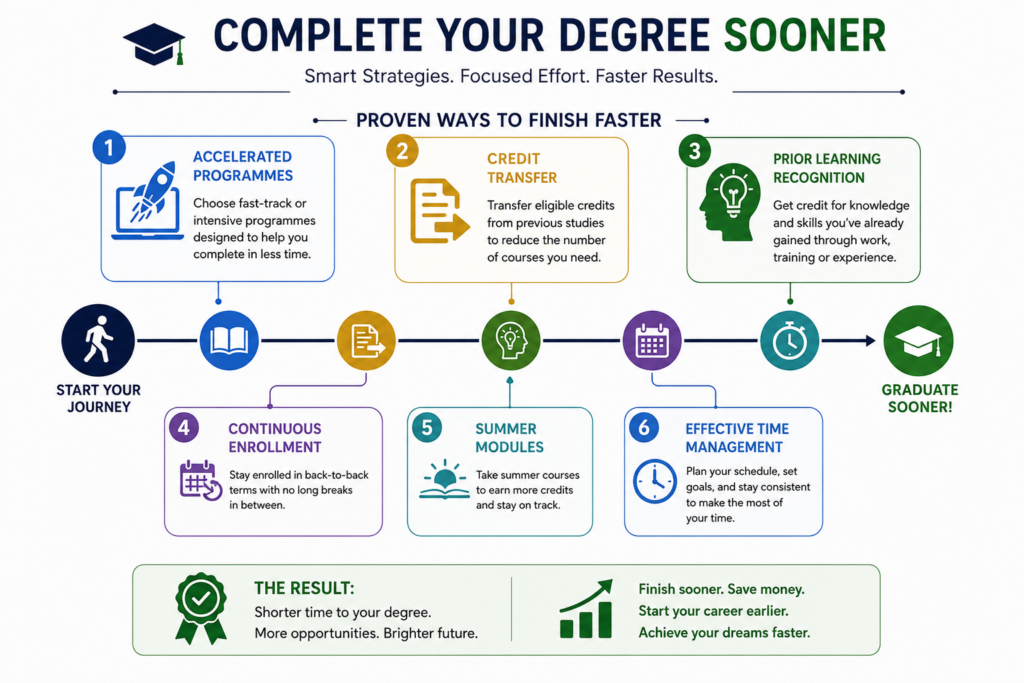 Design an educational infographic highlighting ways students can complete their degree sooner. Include Accelerated Programmes, Credit Transfer, Prior Learning Recognition, Continuous Enrollment, Summer Modules, and Effective Time Management. Show these strategies leading to a shorter graduation timeline.