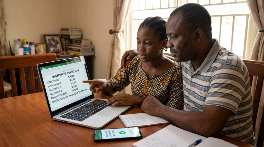 Show a Nigerian university student sitting with a parent, reviewing university fees on a laptop. On the laptop screen, show a simple fee breakdown with: Total tuition Initial payment Installment 1 Installment 2 Remaining balance Payment deadlines Include a phone showing a digital payment confirmation. The overall visual should communicate: "University fees can be planned and managed in stages." Avoid showing a specific university logo or claiming that installment payment is available at every university.