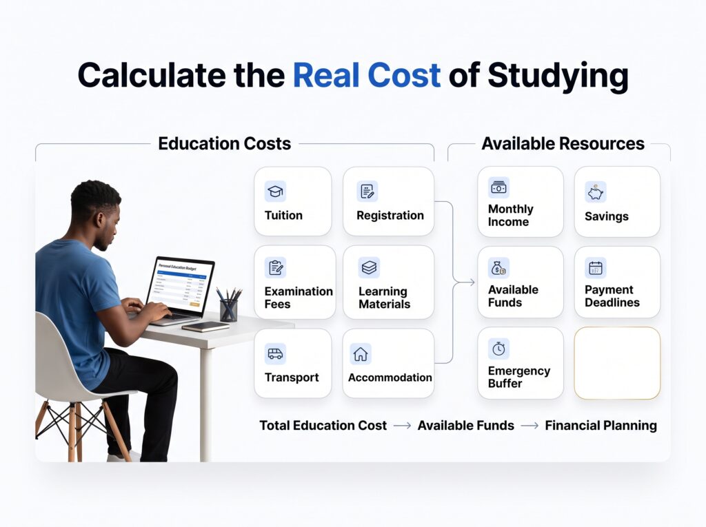 Show a student using a laptop to create a personal education budget. Display the costs as separate cards: Tuition Registration Examination Fees Learning Materials Transport Accommodation On the other side, show: Monthly Income Savings Available Funds Payment Deadlines Emergency Buffer The visual should communicate that students need to calculate the total cost of education, not just tuition.