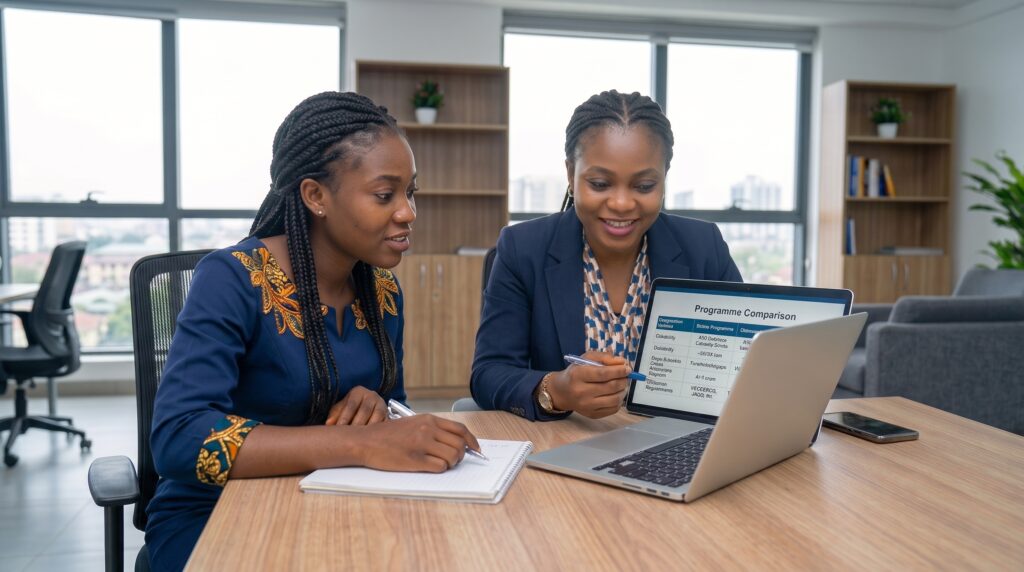 Show an EduTech Business education advisor sitting with a Nigerian student and comparing university programmes on a laptop. On the screen, show three study formats: Online Programme Distance Learning Part-Time Programme Also show comparison factors such as: Tuition → Study Schedule → Programme Duration → University → Admission Requirements ABU Distance Learning Centre and Babcock University BUCODeL can be represented as partner university options where relevant. The image should communicate guidance and programme comparison, not a direct promise of installment payment.
