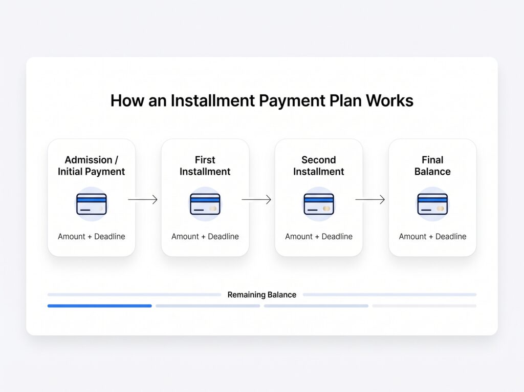 Create a horizontal step-by-step infographic. Show four large stages connected with arrows: Admission / Initial Payment First Installment Second Installment Final Balance Under each stage, show a simple payment amount and deadline. At the bottom, add a small "Remaining Balance" indicator. The visual should make the payment journey understandable at a glance.