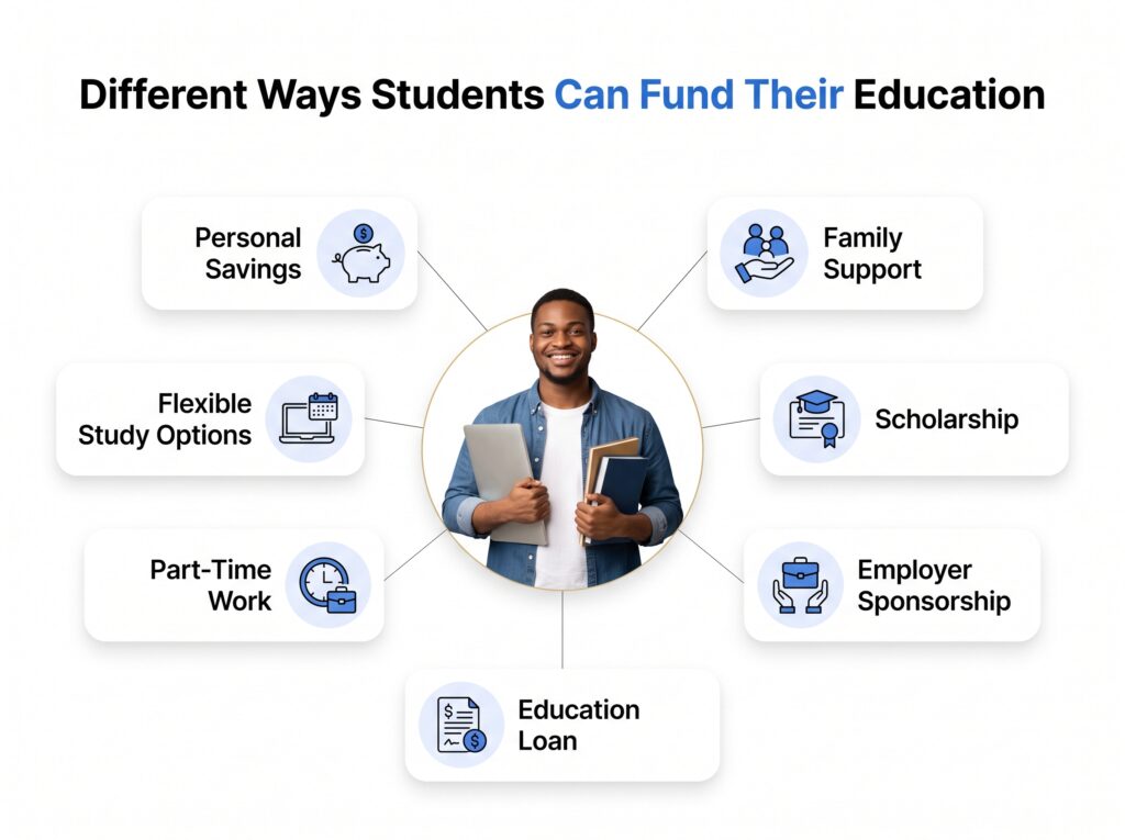 Show one Nigerian student in the centre with different education funding options branching around them: Personal Savings Family Support Scholarship Employer Sponsorship Education Loan Part-Time Work Flexible Study Options Use simple icons for each option. The purpose is to show that students can combine different funding sources rather than relying on one option.
