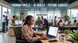 a Nigerian professional working at a laptop with AI tools assisting with tasks. In the background, show different workplace roles such as marketing, finance, software development, customer service, and administration. Use a visual contrast between: Human Skills + AI Skills = Future Career The image should communicate that AI is changing work rather than simply replacing every job.