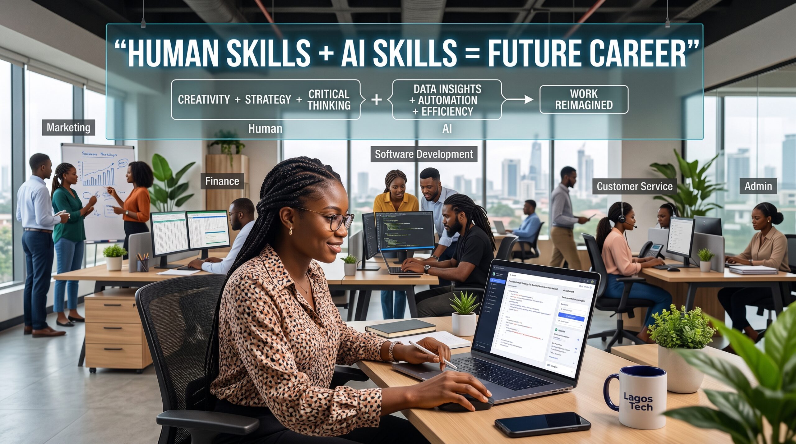 a Nigerian professional working at a laptop with AI tools assisting with tasks. In the background, show different workplace roles such as marketing, finance, software development, customer service, and administration. Use a visual contrast between: Human Skills + AI Skills = Future Career The image should communicate that AI is changing work rather than simply replacing every job.