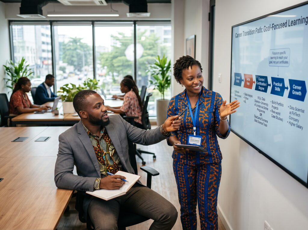 a Nigerian professional planning their next career step with an EduTech Business advisor. Display a pathway: Current Skills → Skills Gap → Course / Certification / Degree → Practical Skills → Career Growth The focus should be on choosing the right learning programme based on the person's career goal, not simply promoting a qualification