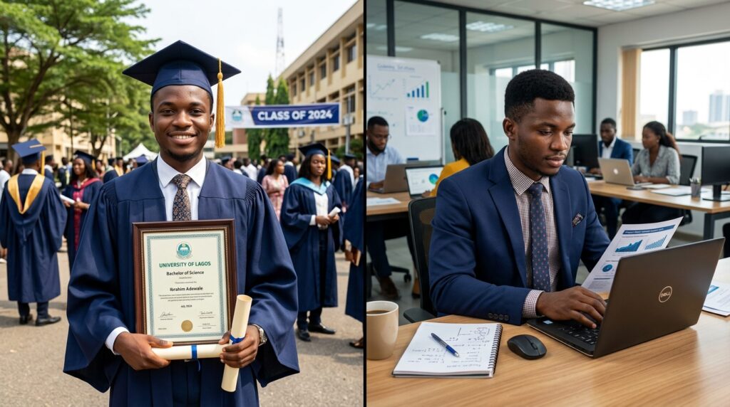Create a split visual showing two stages of the same graduate. On the left, the person has just graduated with a certificate. On the right, the same person is working on a real business project using a laptop, presentation charts and professional tools. Visually communicate the gap between having a qualification and being ready to perform in a workplace.