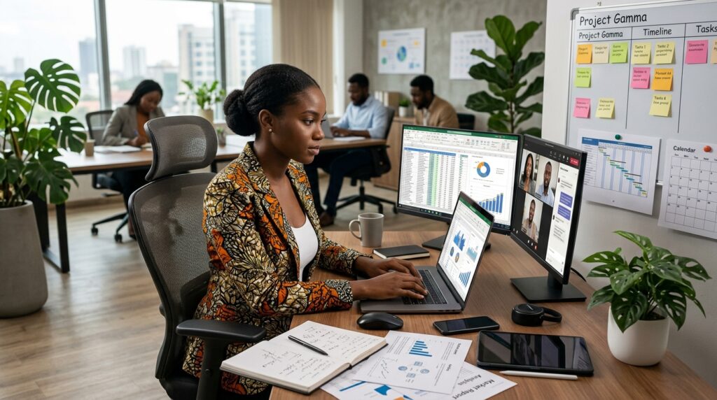 Show a modern professional workspace with a young graduate surrounded by visual representations of key employability skills: data analysis on a screen, project planning, communication, problem-solving and digital tools. Connect the elements around the person like a skills map. Keep the design clean and professional rather than showing a generic classroom.