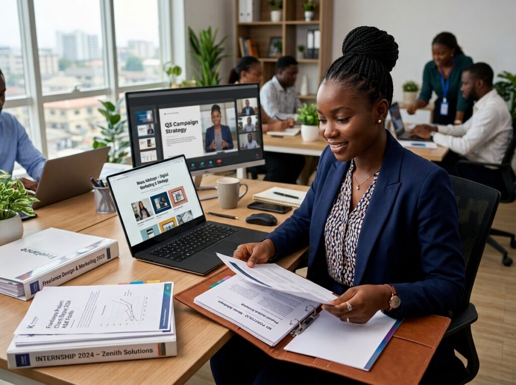 Show a young graduate building a professional portfolio from different experiences. Include a laptop displaying a project, a small freelance assignment, an internship/workplace setting and a completed project presentation. The visual should show that experience can come from multiple sources, not only a full-time job.