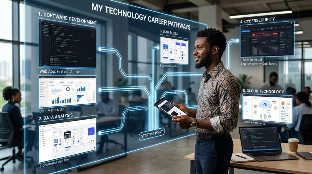Show a young aspiring tech professional standing in front of a large digital career pathway. The pathway branches into software development, data analysis, UI/UX, cybersecurity and cloud technology. Instead of focusing on a university certificate, the visual should feature a laptop, portfolio projects, code, dashboards and digital work samples. The message should be that skills, proof of ability and experience can create alternative routes into technology careers.