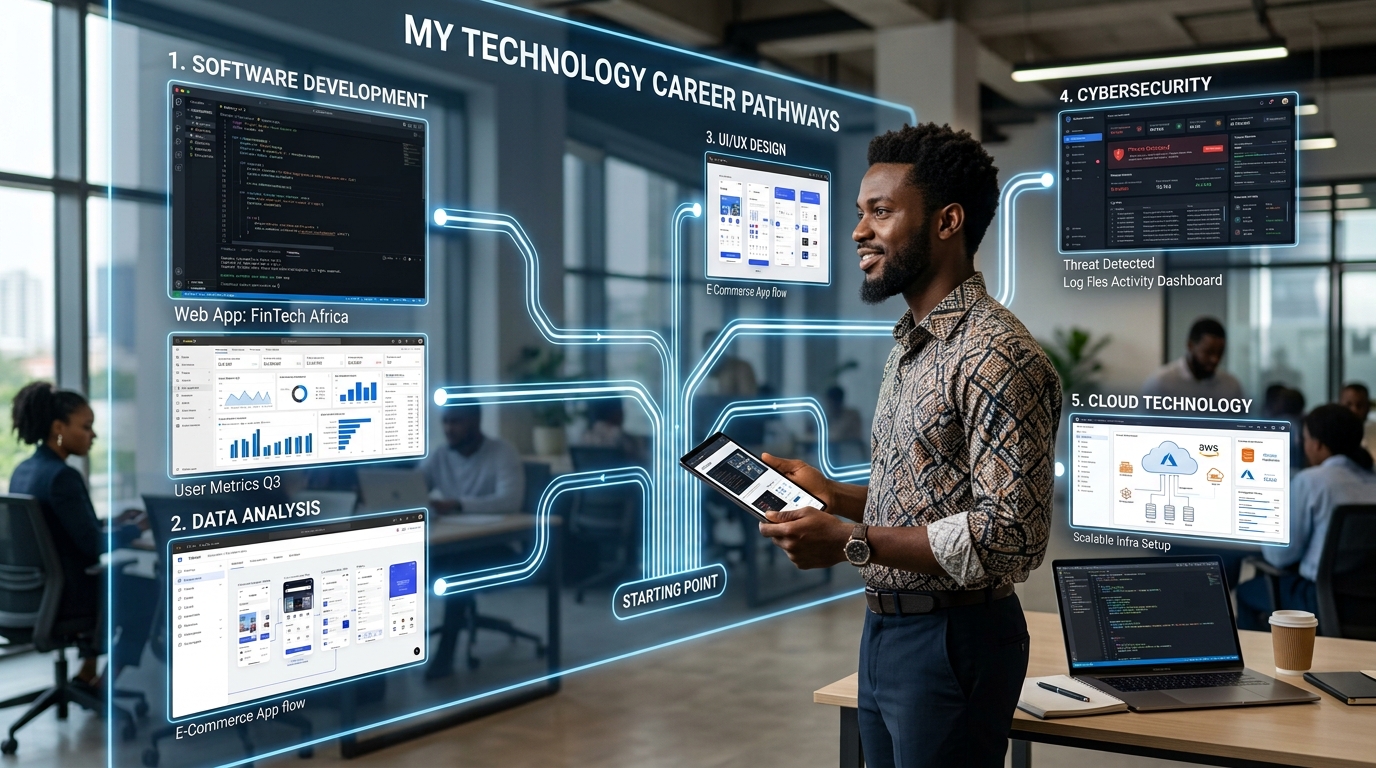 Show a young aspiring tech professional standing in front of a large digital career pathway. The pathway branches into software development, data analysis, UI/UX, cybersecurity and cloud technology. Instead of focusing on a university certificate, the visual should feature a laptop, portfolio projects, code, dashboards and digital work samples. The message should be that skills, proof of ability and experience can create alternative routes into technology careers.