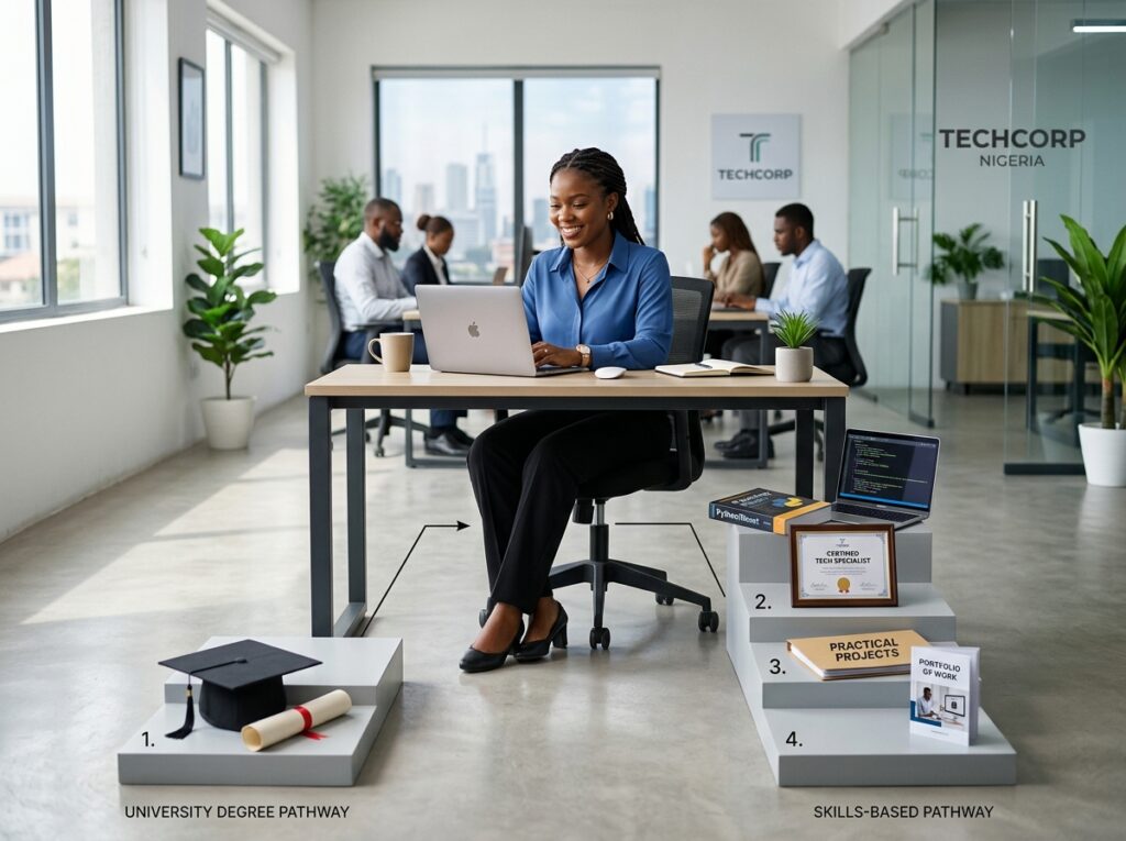 Create a visual showing two different routes leading toward the same technology workplace. One route begins with a traditional university degree. The other begins with structured training, certifications, projects and portfolio development. Both paths lead to a professional working at a technology company. Make it clear that alternative pathways still require serious learning and skill development.