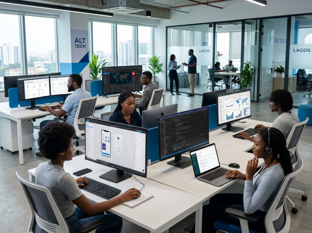 Create a visually connected technology workspace divided into several career areas: software development, UI/UX design, data analysis, cybersecurity, cloud support and technical support. Show different professionals working in each area, with their relevant tools visible. Avoid making it look like a generic technology collage. Make the scene feel like one modern digital workplace.
