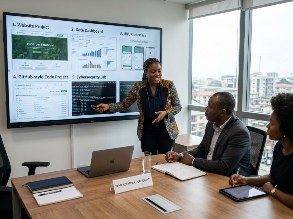 Show a candidate presenting a digital portfolio on a large screen during an interview. The portfolio contains a website project, data dashboard, design interface, GitHub-style code project and cybersecurity lab. The interviewer is reviewing the work rather than only looking at a certificate. The focus should be on proving practical ability.