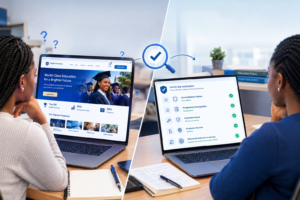 a modern split-screen editorial illustration showing a prospective student evaluating an online university. On the left, show an attractive university website with impressive branding, graduation imagery, rankings and “Apply Now” messaging — but with subtle question marks around the claims. On the right, show the same student switching to an independent verification screen containing Accreditation Status, Programme Recognition, Institution Name, Academic Records and Official Accreditation Authority with clear verification checkmarks. Use a diverse mix of students/professionals rather than a single-country representation. The visual should feel like the student is moving from marketing → investigation → verified education. Include a subtle magnifying-glass/checkmark motif connecting both sides. Clean premium blue/white digital-education aesthetic, realistic but slightly editorial, with enough negative space for the blog title.