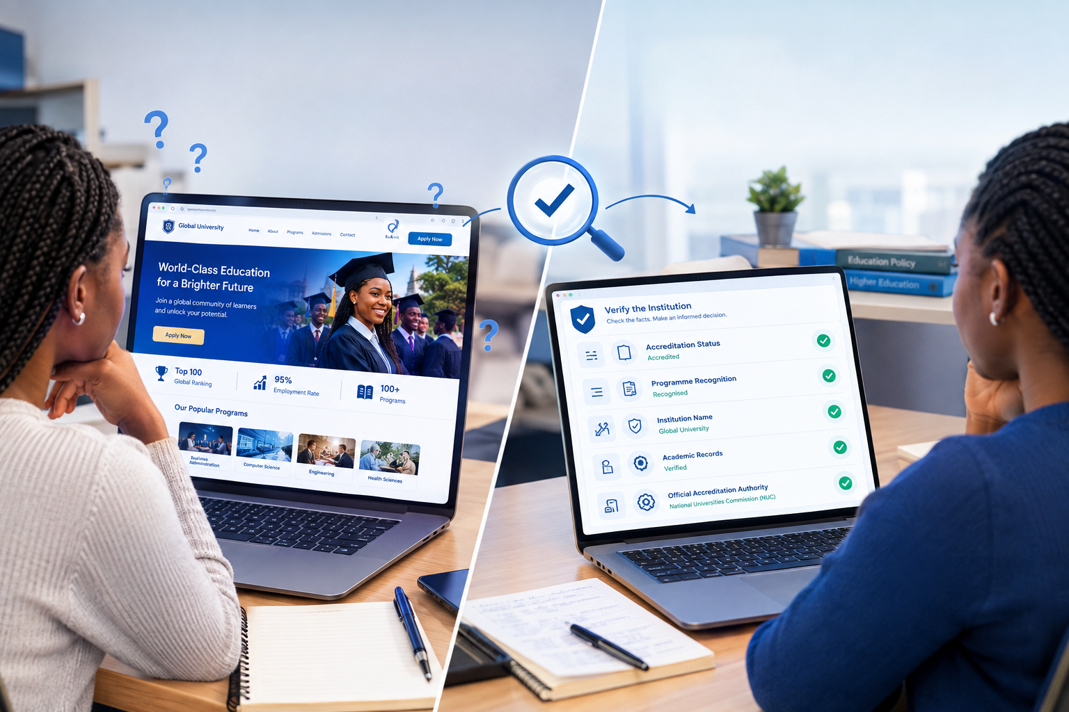 a modern split-screen editorial illustration showing a prospective student evaluating an online university. On the left, show an attractive university website with impressive branding, graduation imagery, rankings and “Apply Now” messaging — but with subtle question marks around the claims. On the right, show the same student switching to an independent verification screen containing Accreditation Status, Programme Recognition, Institution Name, Academic Records and Official Accreditation Authority with clear verification checkmarks. Use a diverse mix of students/professionals rather than a single-country representation. The visual should feel like the student is moving from marketing → investigation → verified education. Include a subtle magnifying-glass/checkmark motif connecting both sides. Clean premium blue/white digital-education aesthetic, realistic but slightly editorial, with enough negative space for the blog title.