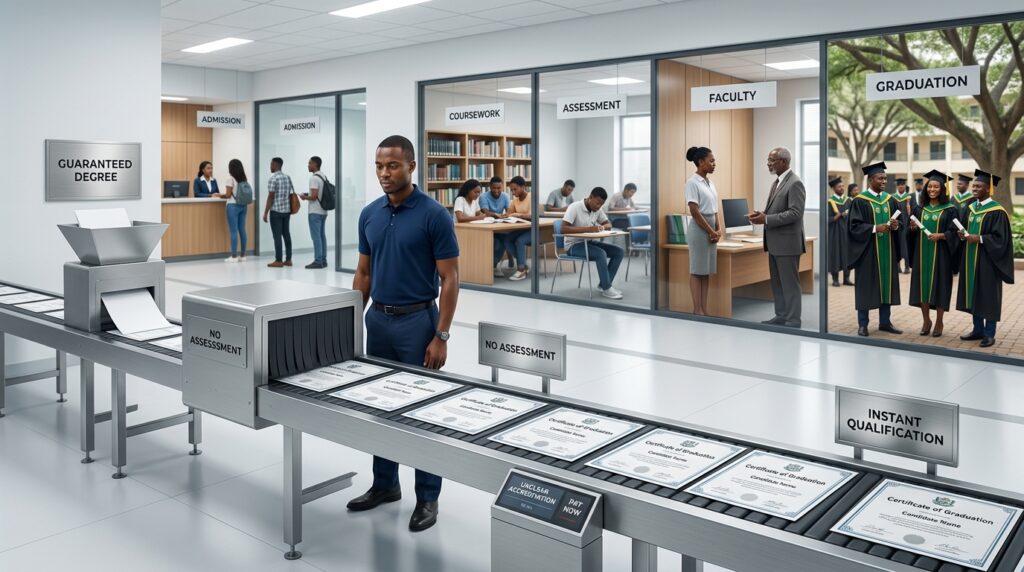 a conceptual visual of a suspicious online “degree factory”: a conveyor belt producing identical graduation certificates at extremely high speed. Around the factory, show warning indicators such as “Guaranteed Degree,” “No Assessment,” “Instant Qualification,” “Unclear Accreditation” and “Pay Now.” Contrast this subtly with a legitimate university pathway in the background showing admission → coursework → assessment → faculty → graduation. Avoid making it look like a literal criminal operation. The idea is to visually communicate mass-produced credentials vs genuine academic study.