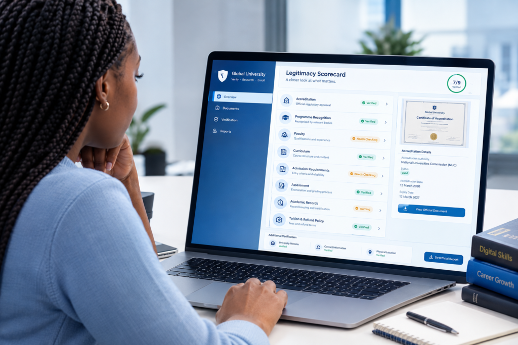 a large digital assessment dashboard being reviewed by a prospective student. Instead of one generic “legitimate/not legitimate” indicator, divide the screen into multiple verification categories: Accreditation Programme Recognition Faculty Curriculum Admission Requirements Assessment Academic Records Tuition & Refund Policy Each category has a Verified / Needs Checking / Warning indicator.