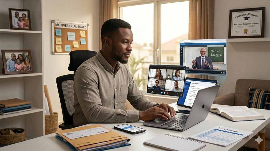 a cinematic editorial illustration of an adult professional standing at the centre of a visual “life dashboard.” Around them are realistic elements representing their existing responsibilities: work laptop, career meeting, family/home responsibilities, calendar, finances and personal goals. A second layer of the composition shows education being integrated into that life rather than replacing it — an online lecture on a laptop, study schedule, digital course materials and a graduation/career milestone appearing along the same timeline. Use a diverse mix of adult learners/professionals. The key visual message should be: “You don't have to pause your life to continue your education.” Avoid the cliché of an older student simply sitting in a classroom.