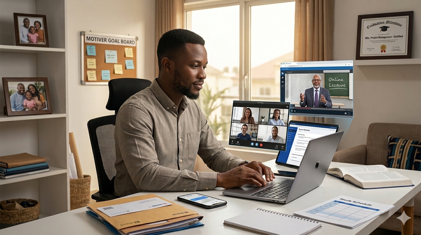 a cinematic editorial illustration of an adult professional standing at the centre of a visual “life dashboard.” Around them are realistic elements representing their existing responsibilities: work laptop, career meeting, family/home responsibilities, calendar, finances and personal goals. A second layer of the composition shows education being integrated into that life rather than replacing it — an online lecture on a laptop, study schedule, digital course materials and a graduation/career milestone appearing along the same timeline. Use a diverse mix of adult learners/professionals. The key visual message should be: “You don't have to pause your life to continue your education.” Avoid the cliché of an older student simply sitting in a classroom.